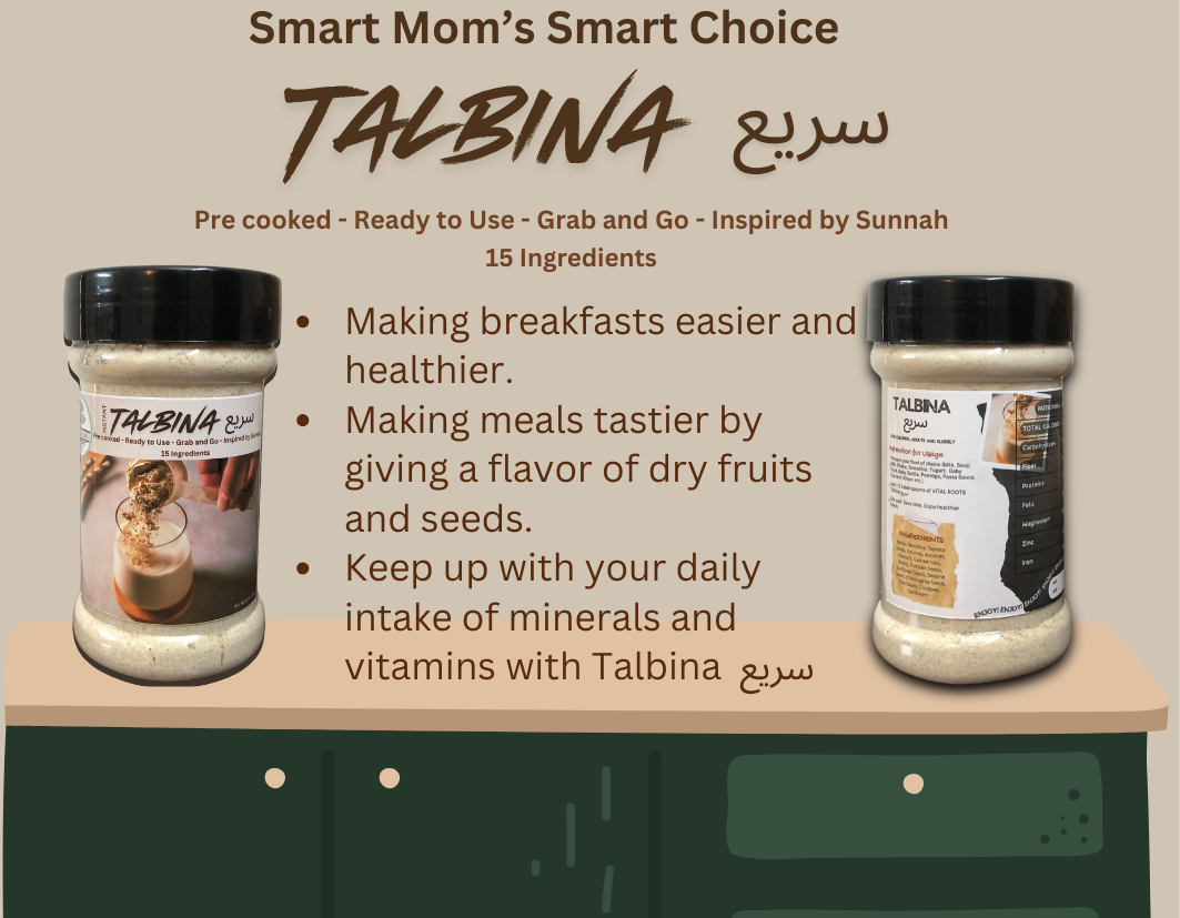 Talbina – Smart Mom’s Choice for Healthier and Tastier Meals | Instant Barley Porridge Talbina, pre-cooked and ready to use, is the smart mom’s choice for making breakfasts easier and healthier with 15 nutritious ingredients, inspired by Sunnah.