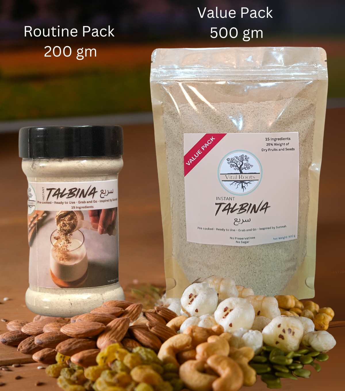 albina – Instant Barley Porridge | Healthy Barley-Based Talbina Recipe Vital Roots Talbina Instant Barley Porridge packs in Routine and Value Sizes – A healthy Talbina Recipe with 15 ingredients, perfect for quick and nutritious barley porridge.