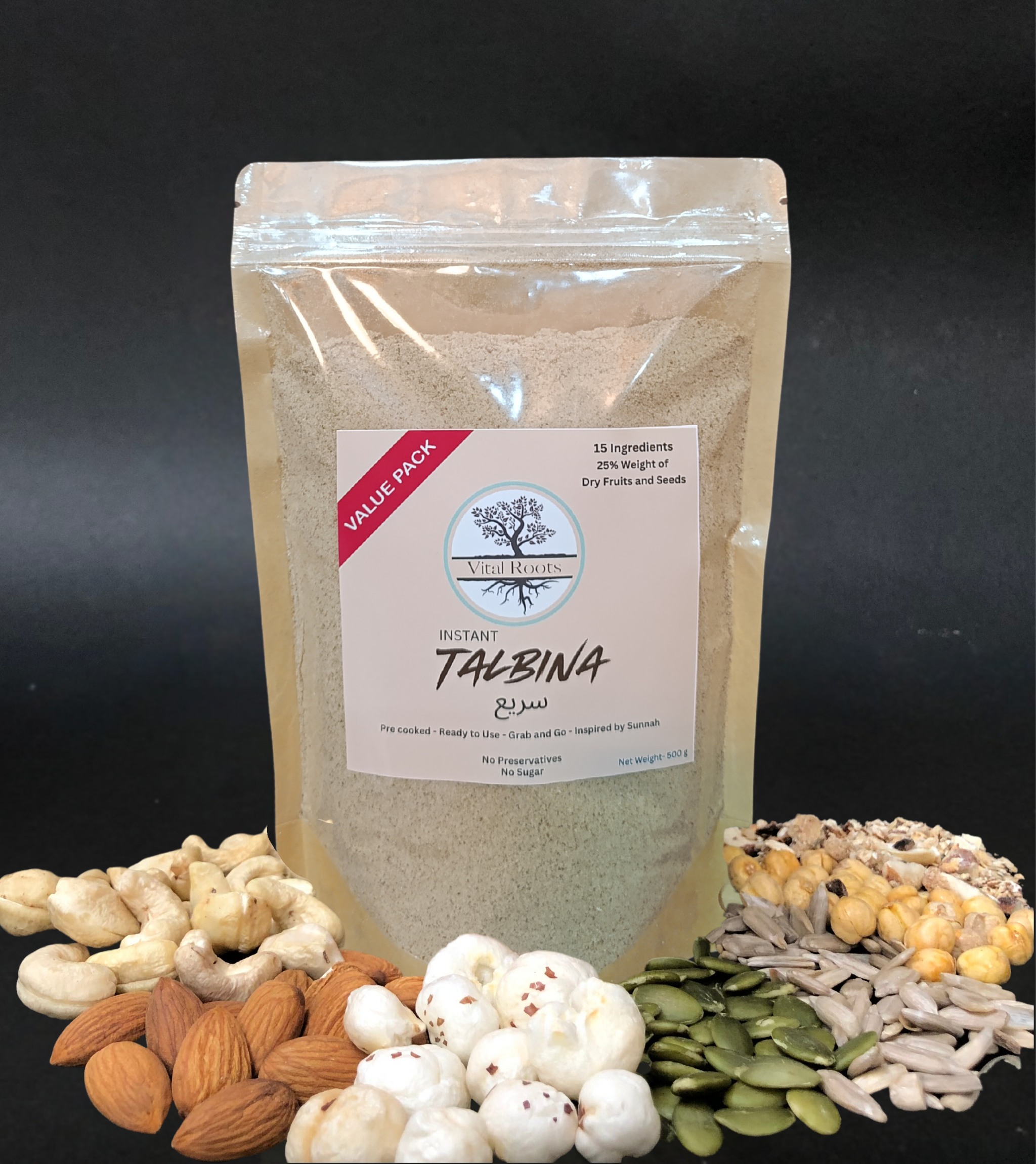 Instant Vital Roots Talbina powder in a value pack, made with 25% dry fruits and seeds, sugar-free and preservative-free, perfect for a quick Barley Porridge or Talbina Recipe.