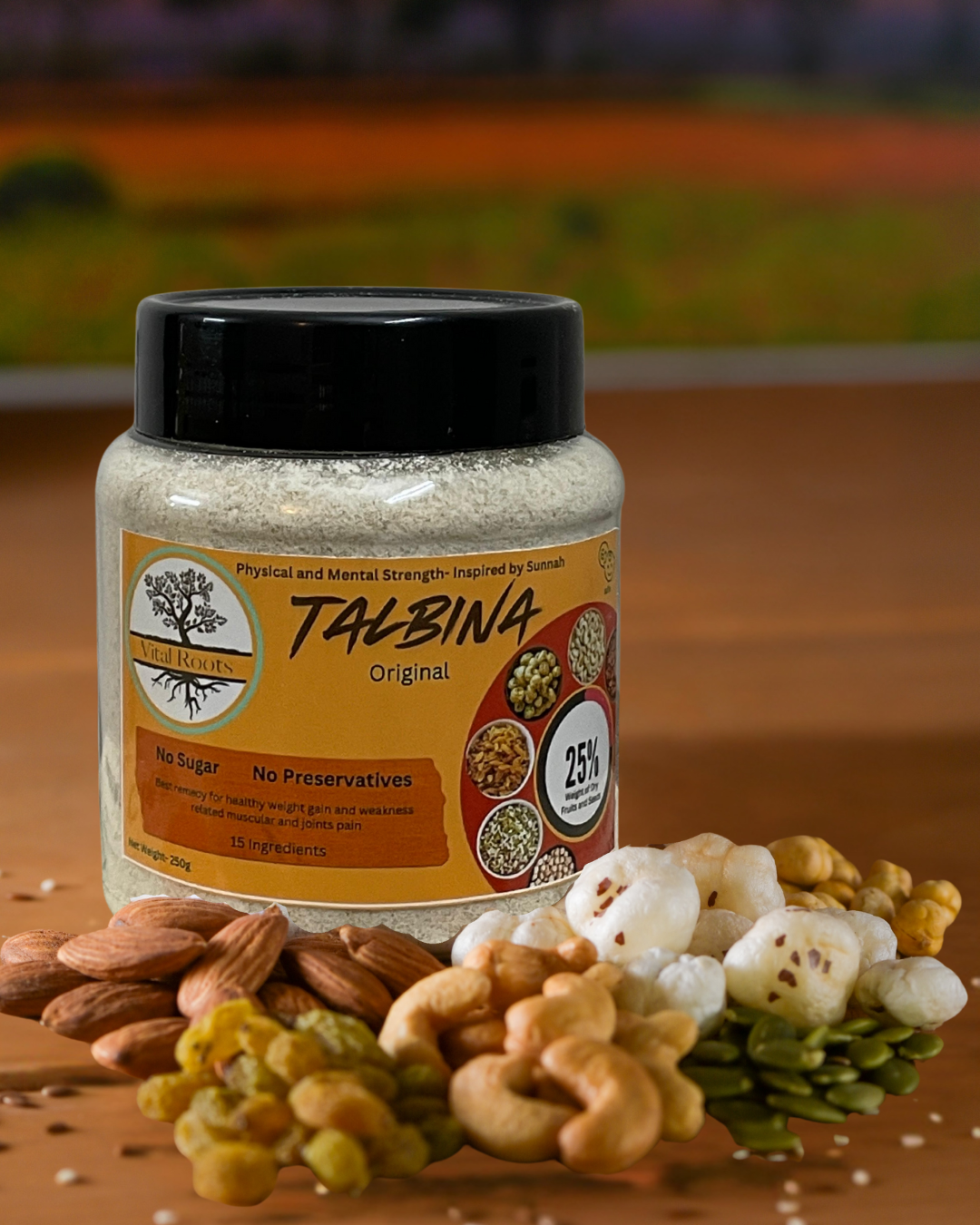 Vital Roots Talbina Original powder in a jar with dry fruits and nuts, sugar-free and preservative-free, perfect for making Barley Porridge or Talbina Recipe.