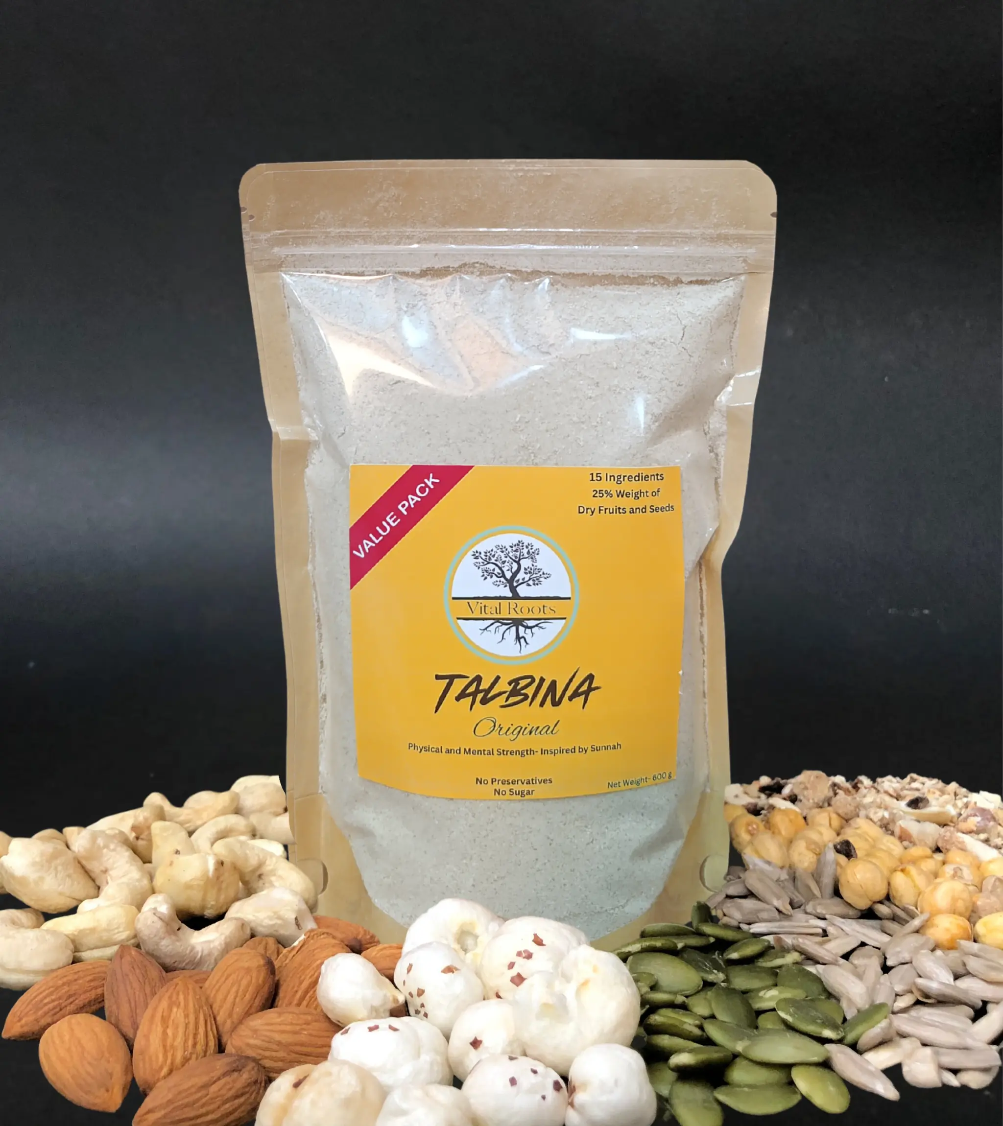 Vital Roots Talbina Original 600g Value Pack – Natural Barley Porridge Vital Roots Talbina Original 600g resealable value pack surrounded by cashews, almonds, fox nuts, sunflower seeds and pumpkin seeds.