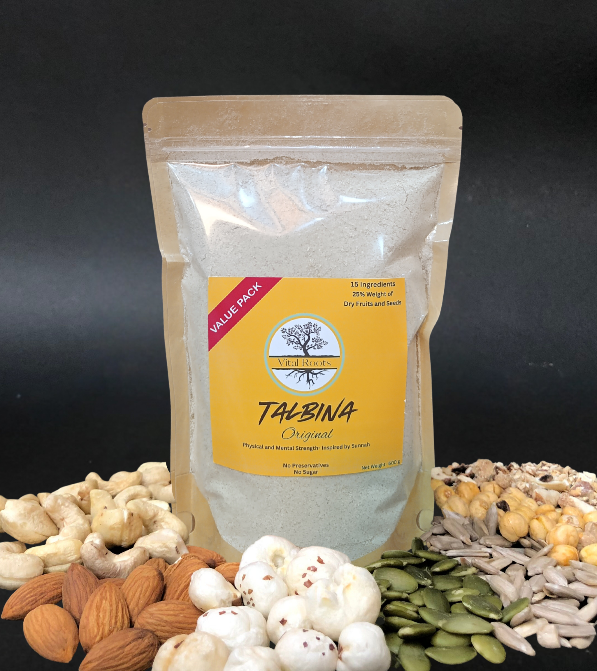 Vital Roots Talbina Original powder with a blend of dry fruits and seeds, perfect for preparing Barley Porridge. Ideal for making a nutritious Talbina Recipe.