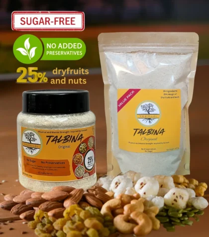 Vital Roots Talbina Original 250g jar and 600g pouch displayed with almonds, cashews, raisins, fox nuts and pumpkin seeds.