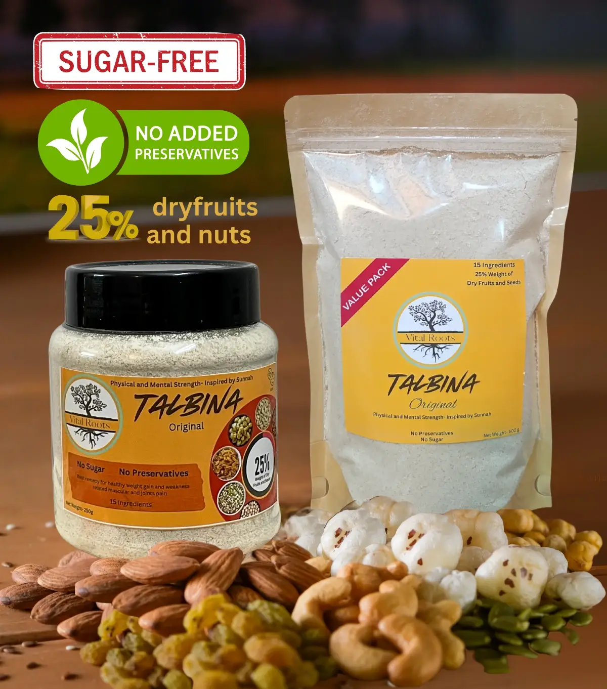 Vital Roots Talbina Original 250g jar and 600g pouch displayed with almonds, cashews, raisins, fox nuts and pumpkin seeds.