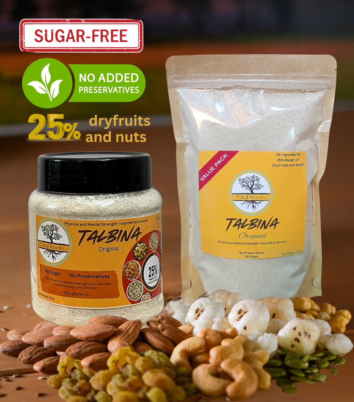 Vital Roots Talbina Original Powder - Sugar-Free Barley Porridge with Dry Fruits and Nuts Vital Roots Talbina Original powder with 25% dry fruits and nuts, sugar-free and preservative-free, perfect for making Barley Porridge or Talbina Recipe.