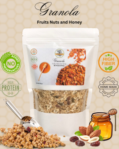 Granola with fruits, nuts, and honey, made with high fiber and protein, no preservatives, in a clear pack showcasing the nutritious ingredients.