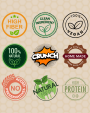 Badges showing Granola cereal and oatmeal benefits: high fiber, clean ingredients, vegan, homemade, no preservatives, natural, high protein.