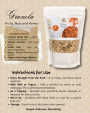 Granola with fruits, nuts, and honey in a package, made from premium rolled oats, roasted almonds, puffed rice, and organic brown sugar for a healthy snack or breakfast.