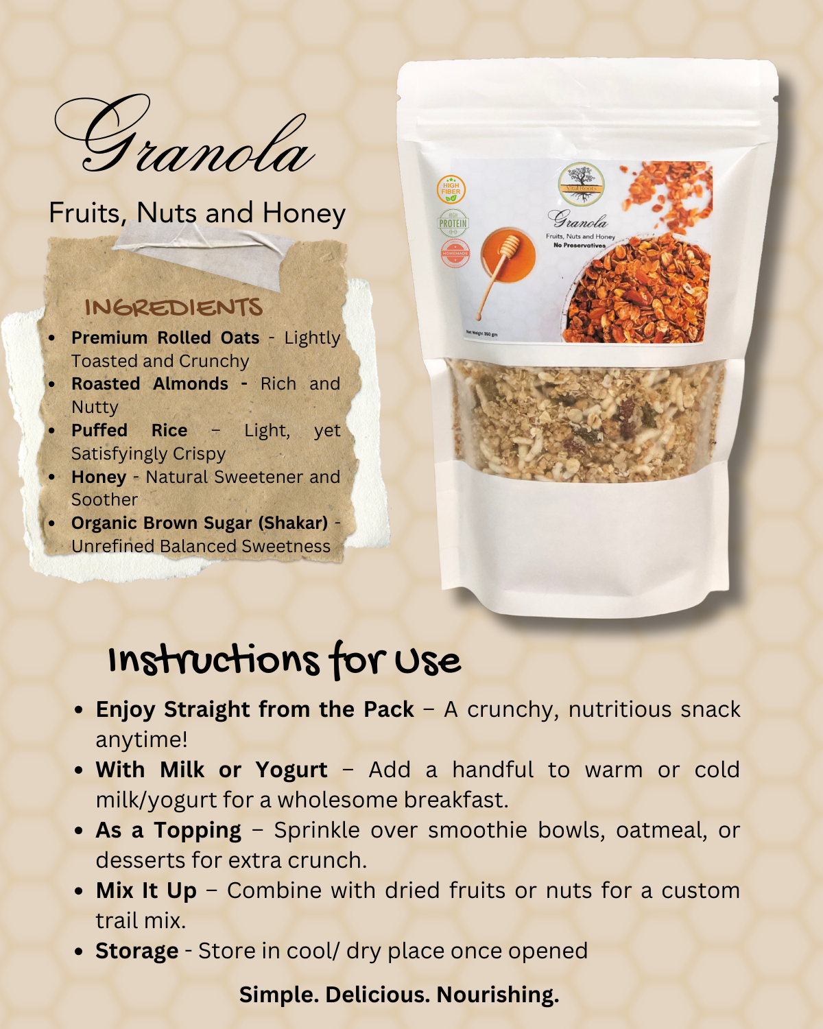 Granola with Fruits, Nuts & Honey - Healthy Breakfast or Snack Granola with fruits, nuts, and honey in a package, made from premium rolled oats, roasted almonds, puffed rice, and organic brown sugar for a healthy snack or breakfast.