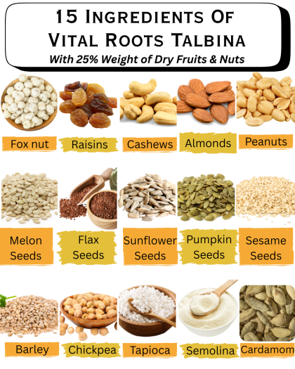 15 ingredients of Vital Roots Talbina, including dry fruits, nuts, seeds, barley, chickpea, tapioca, semolina, and cardamom, for a nutritious Barley Porridge.