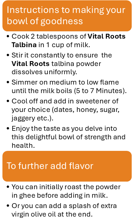 Easy Talbina Recipe - Barley Porridge with Vital Roots Talbina Powder Instructions for preparing Talbina Barley Porridge with Vital Roots Talbina powder, milk, and sweeteners, a healthy and nutritious recipe.