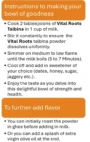 Vital Roots Talbina Original cooking instructions explaining how to prepare barley porridge with milk and optional sweeteners.