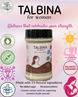 Talbina for Women showcased in a clear bottle with omega 3 fatty acids, healthy joints, improved immunity, calcium enriched, vitamin D, strength, and a mother caressing her baby written on it