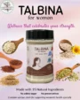 Vital Roots Talbina for Women jar surrounded by sunflower seeds, flaxseeds, sesame seeds and pumpkin seeds on a pastel pink background.