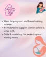 Vital Roots Talbina for Women infographic featuring illustrations of pregnancy, breastfeeding and motherhood with maternal nutrition information.