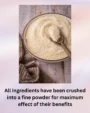 Close-up of finely ground Talbina powder in a bowl with a wooden spoon, showing the smooth texture of the Vital Roots porridge mix.
