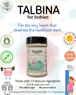 Talbina for babies in a bottle with strong bones omega 3 fatty acids joints health immunity boost and vitamin D enriched mentioned