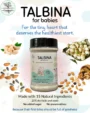 Vital Roots Talbina for Babies jar surrounded by almonds, cashews, fox nuts, raisins and seeds on a pastel background.