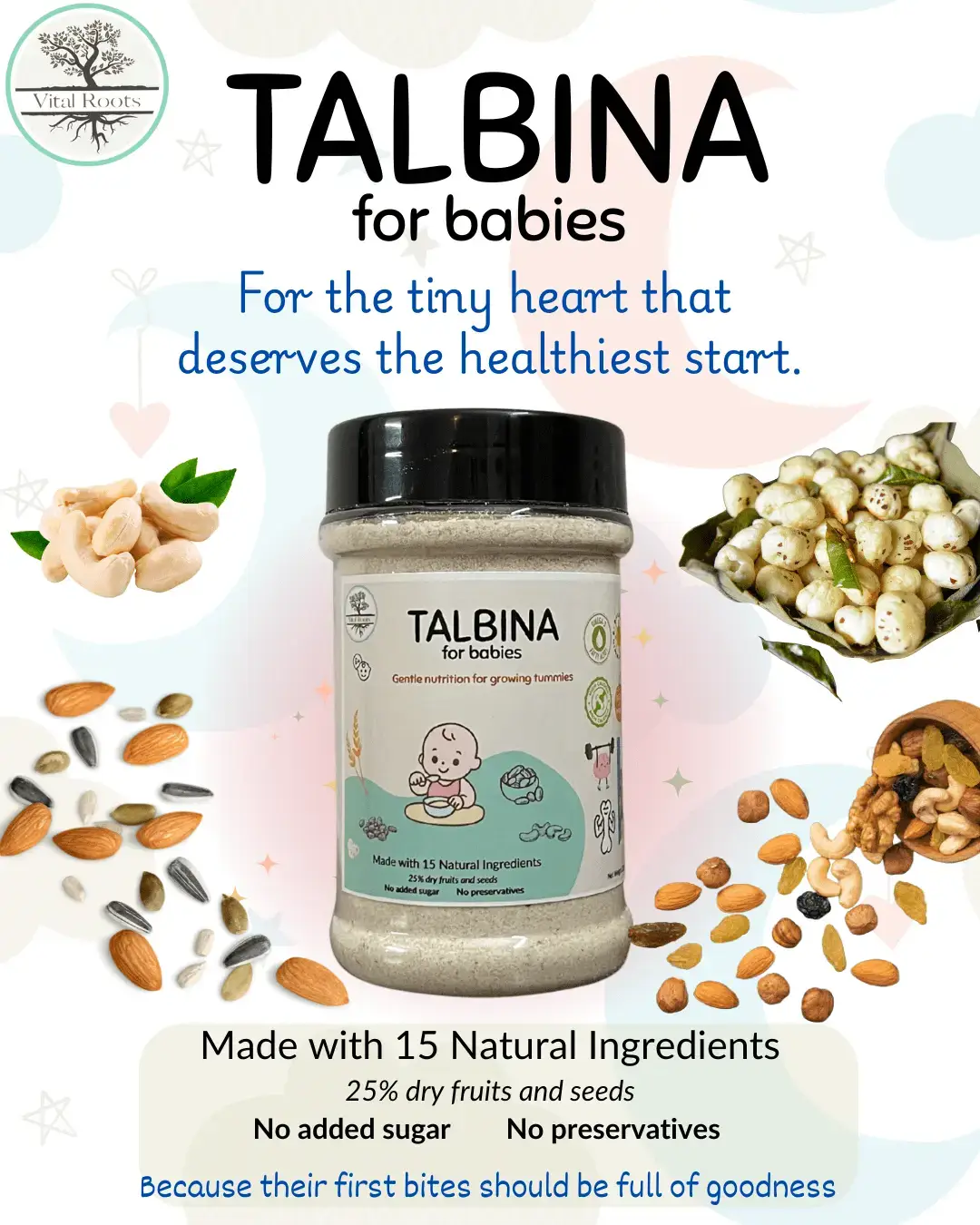 Vital Roots Talbina for Babies jar surrounded by almonds, cashews, fox nuts, raisins and seeds on a pastel background.
