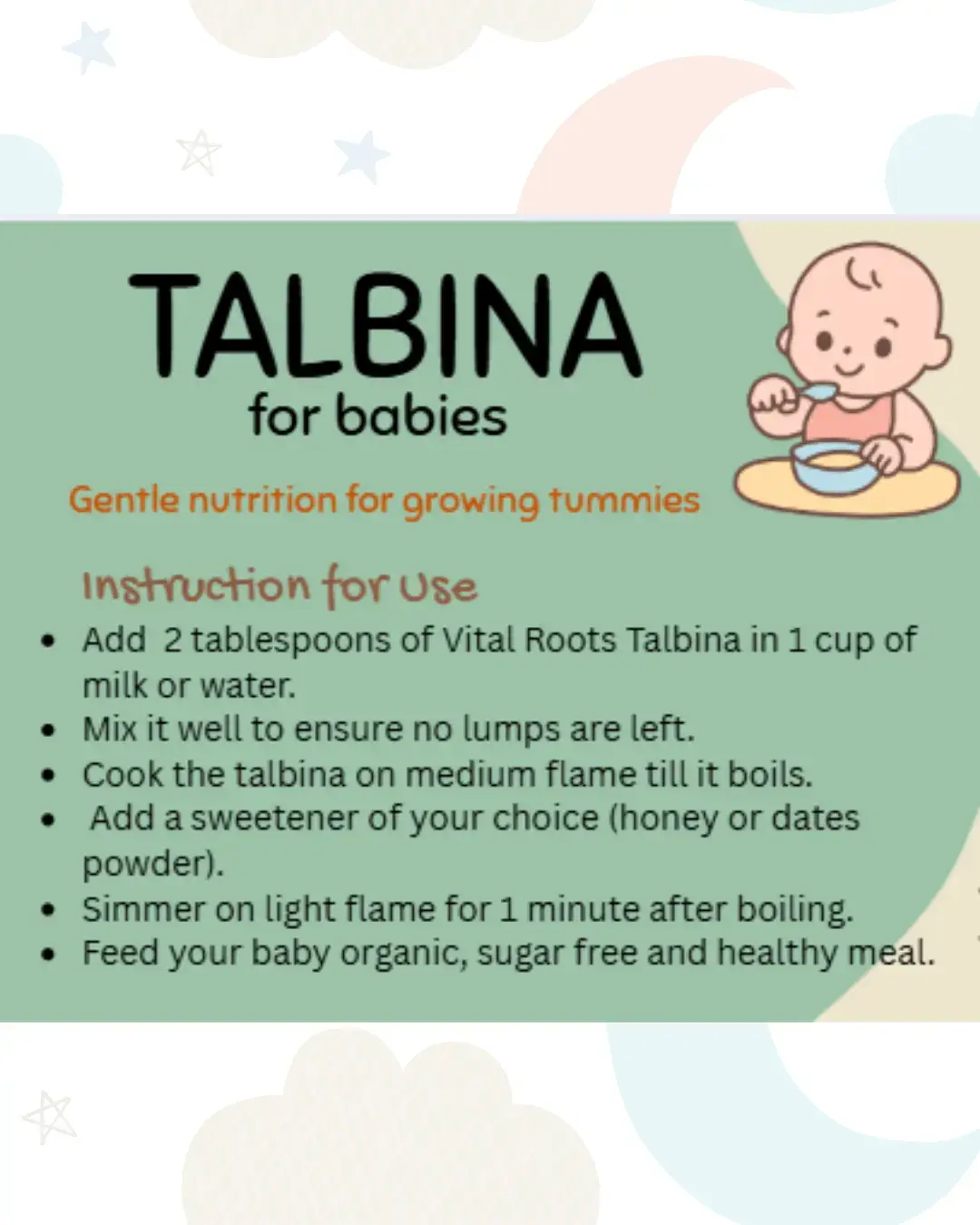 Vital Roots Talbina for Babies preparation guide showing how to mix the powder with milk or water and cook into a smooth porridge.