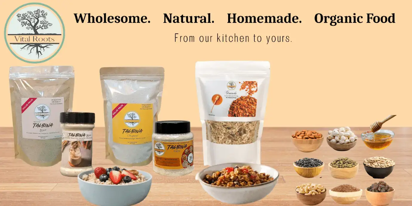 A Banner for Vital Roots Talbina and Granola show casing their products and the organic ingredients with text on top sarying wholesome, organic from our kitchen to yours